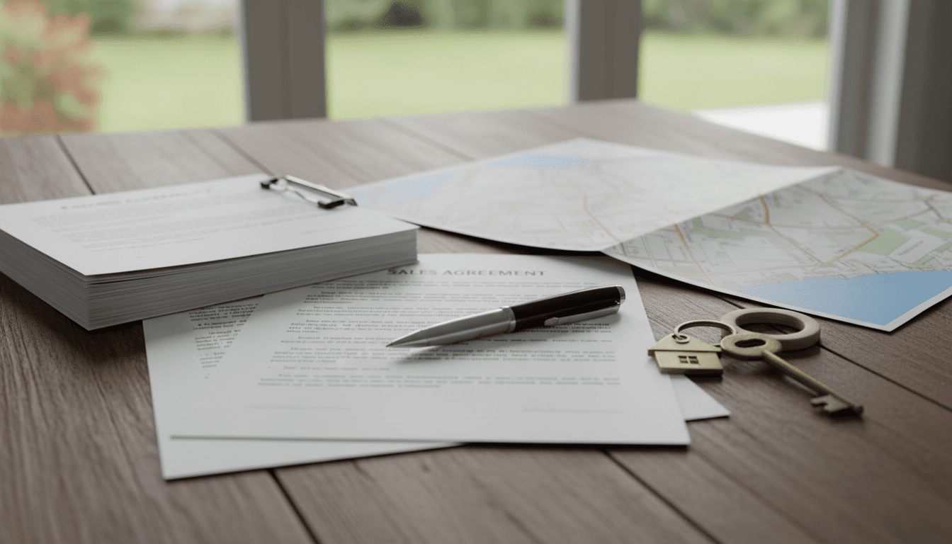 real estate documents and pen on a wooden table with a house key