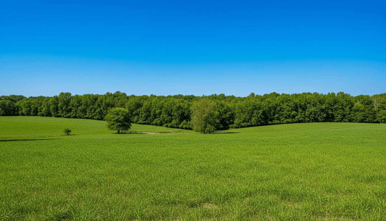 Panoramic rural Ohio field with tree line under a blue sky, ideal for real estate